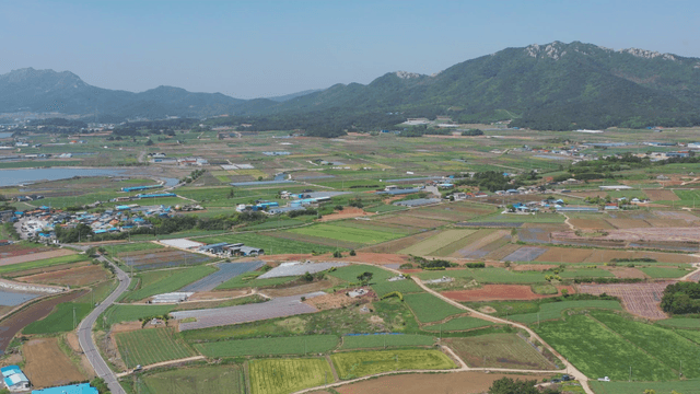 Expansive farmland with mountains in the distance