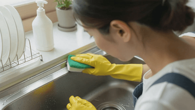 Housewife wearing yellow rubber gloves cleaning sink with sponge
