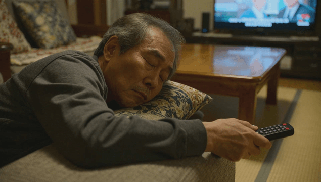 Elderly man sleeping on a couch with TV on