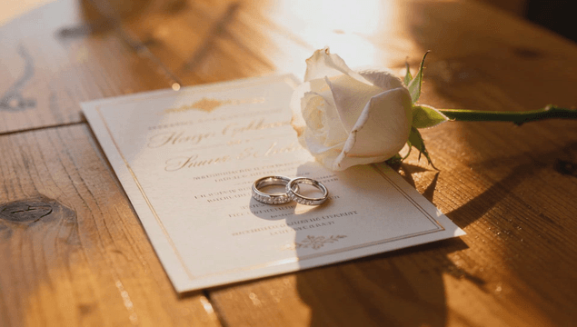 Wedding invitation diamond ring white rose