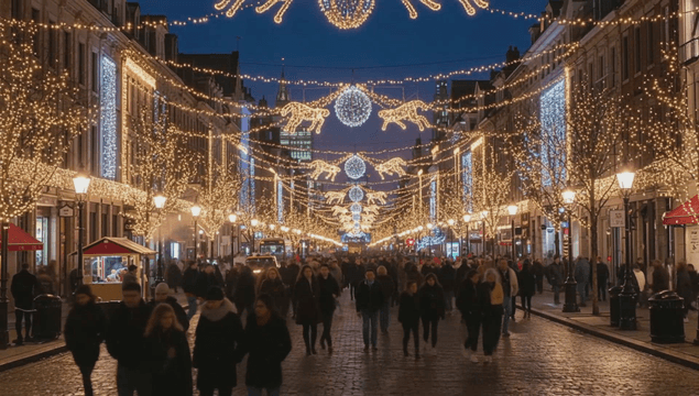 화려한 크리스마스 조명 아래 붐비는 겨울 거리