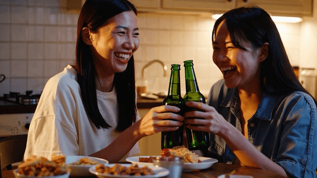 친구 두 명이 음료와 간식을 즐기는 모습