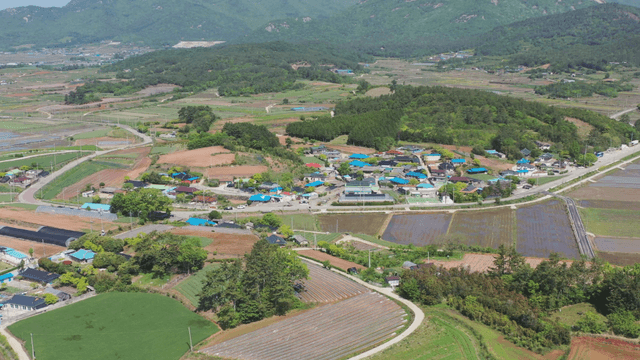 Rural village surrounded by farmland