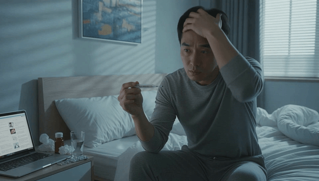 Man checking temperature in a bedroom