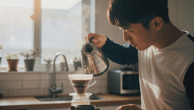Man brewing coffee in sunlit kitchen