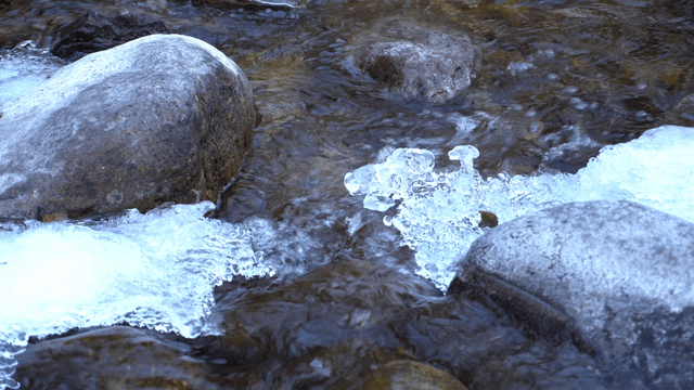Flowing stream with ice and rocks