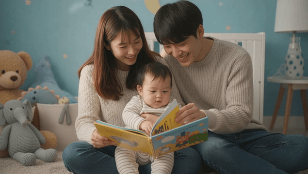 Family reading a fairy tale together in a cozy room