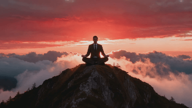 Man meditating at sunrise on peak