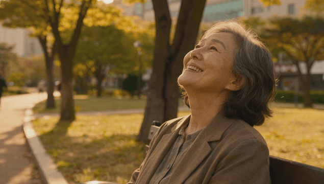 Elderly woman smiling and enjoying a sunny park