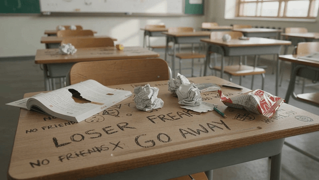 Classroom desk with graffiti and trash