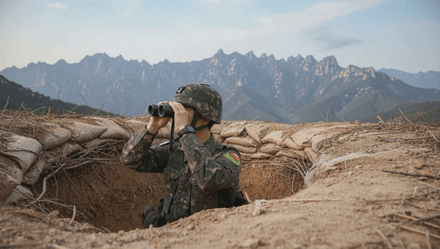 Soldier observing mountains with binoculars