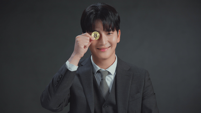 Man holding a Bitcoin coin with a smile