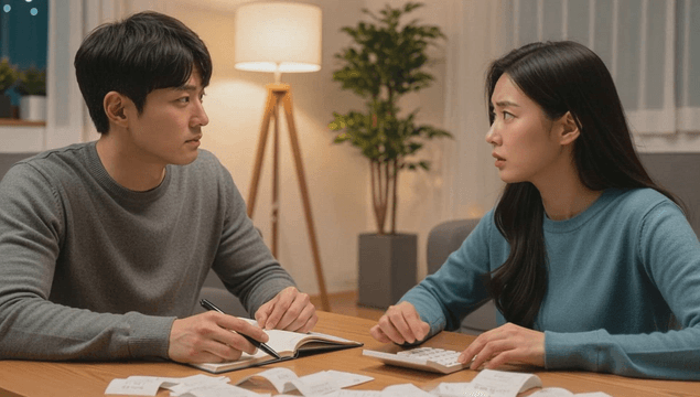 Young couple discussing financial issues in the living room