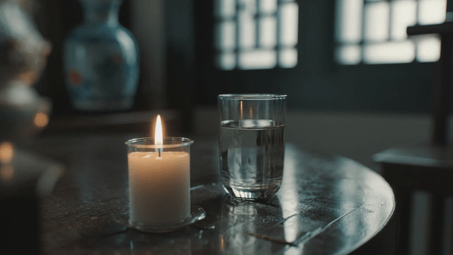A candle and glass of water on a table
