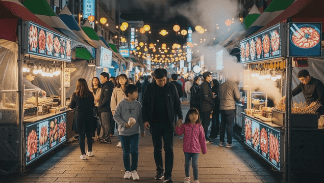 Family walking through a night market lined with street food