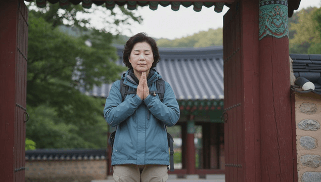 Middle-aged woman praying in a traditional temple