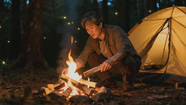 Middle-aged man adding firewood at night forest campsite
