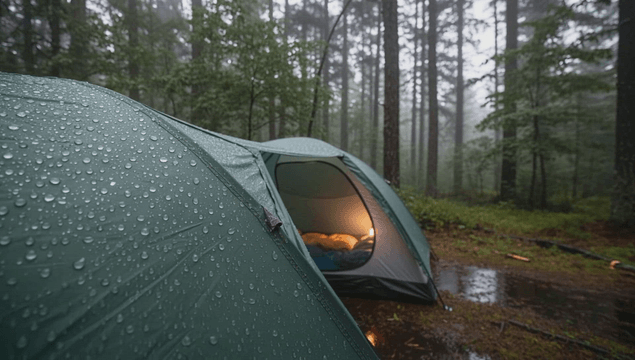 Camping tent in rainy forest