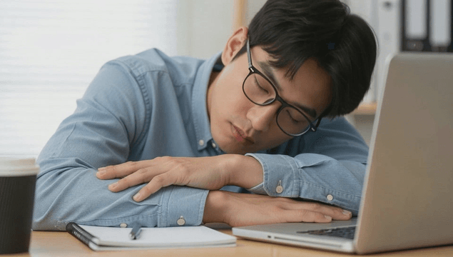 Man asleep at desk in front of laptop