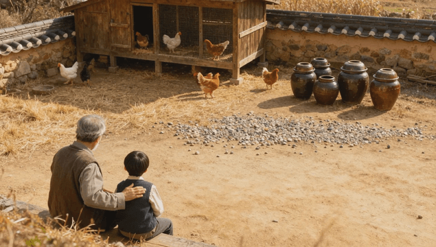 Grandfather and grandson sitting in a rural yard with a chicken coop and jangdokdae