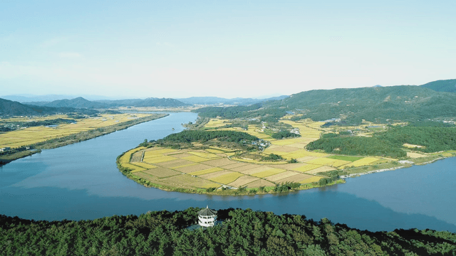 Scenic view of farmland and river