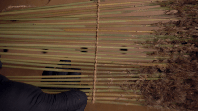 Hand arranging dried reeds on a table
