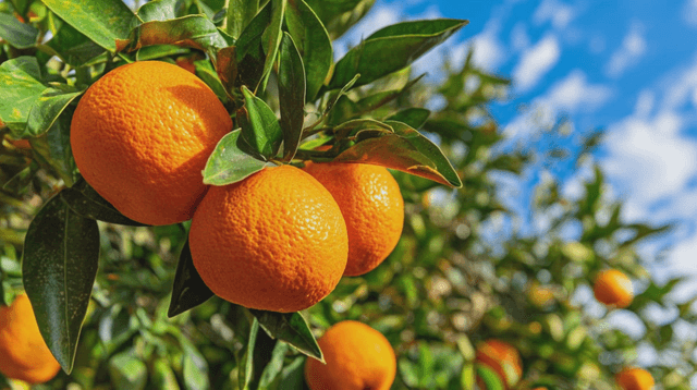 Ripe oranges hanging on a tree branch