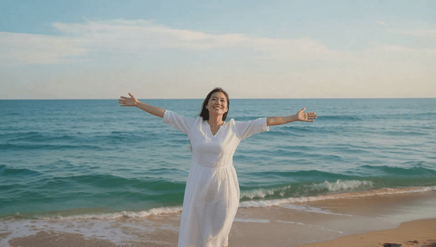 Young woman enjoying the beach with open arms