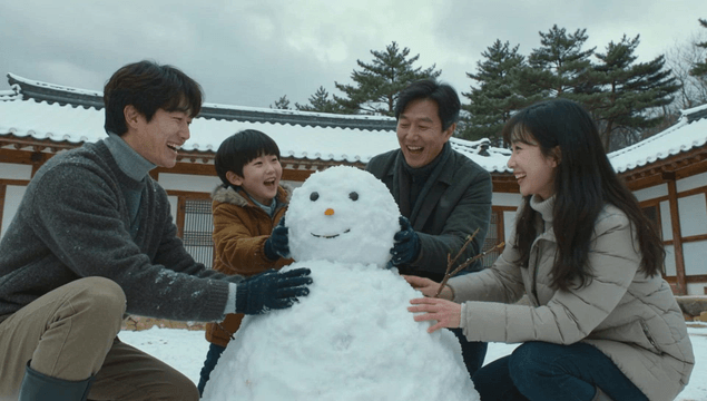 Family making a snowman in the snow-covered hanok yard
