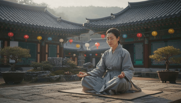 Female meditating at traditional temple