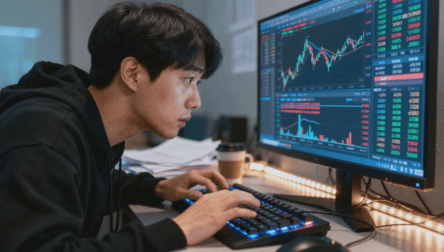 Focused on trading chart in market scene