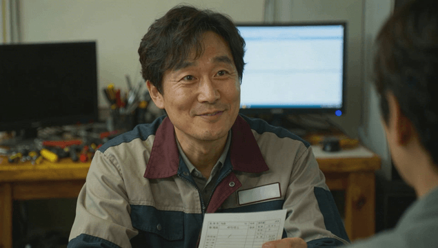 Technician smiling while holding a receipt in a workshop