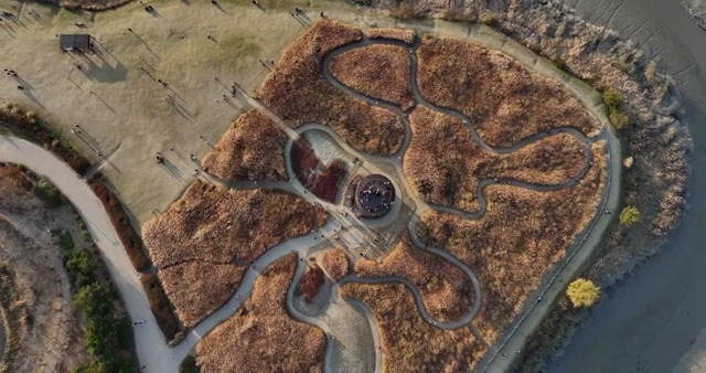 Aerial view of a park with winding paths