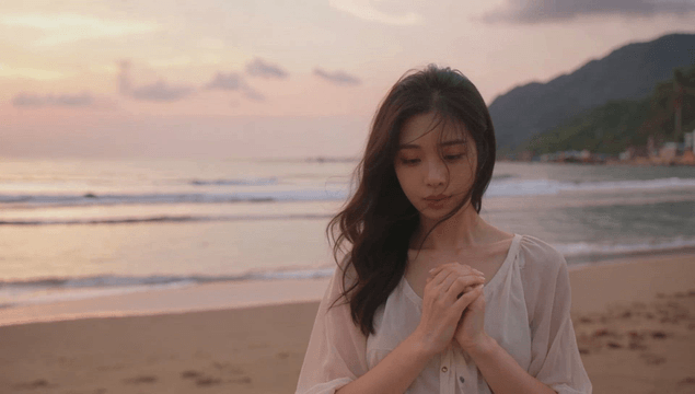 Smiling figure standing on a serene beach at sunset