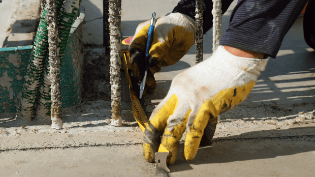 Worker measuring concrete with tape measure