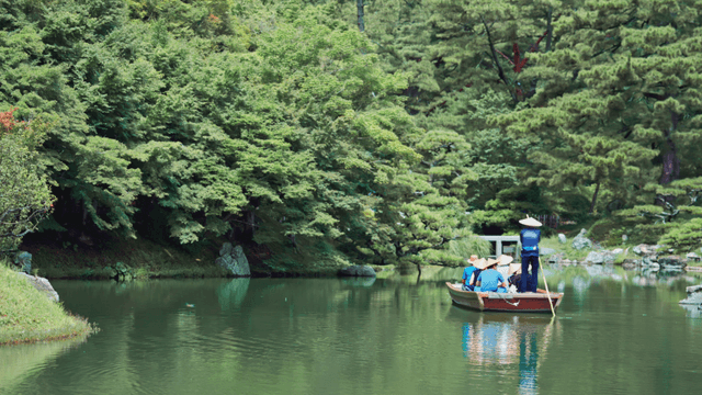 Serene boat ride in a lush lake