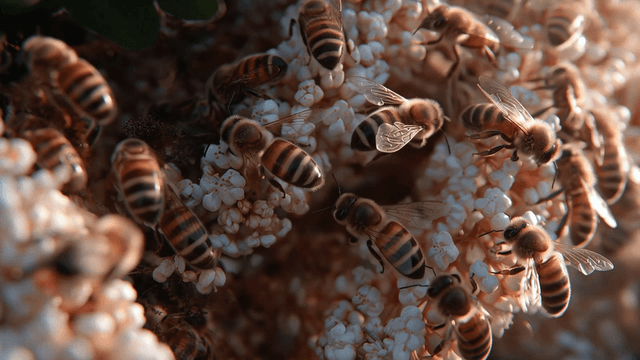 Wild honeybees collecting nectar from white flowers at sunset