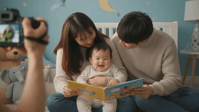 Parents photographing their baby reading a fairy tale book