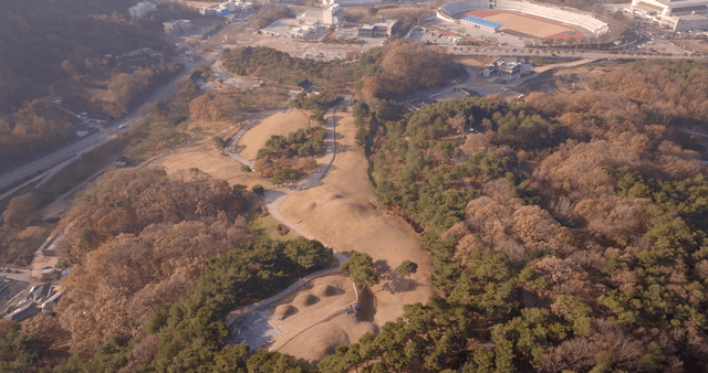Aerial view of a forested ancient tomb