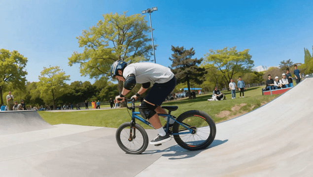 공원에서 묘기를 부리는 BMX 라이더