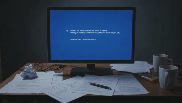 Monitor showing error message and blue screen on desk
