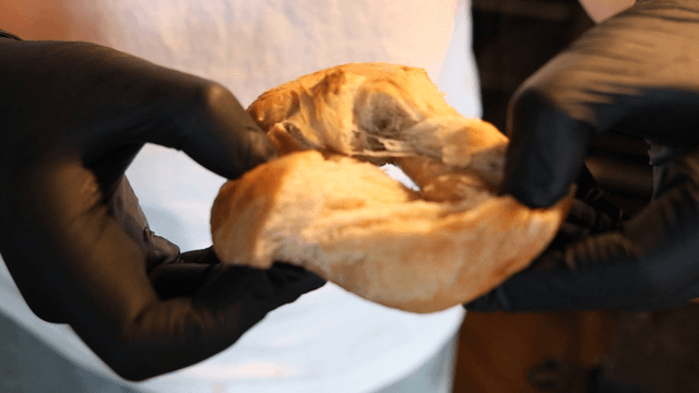 Hands in gloves tearing a piece of bread