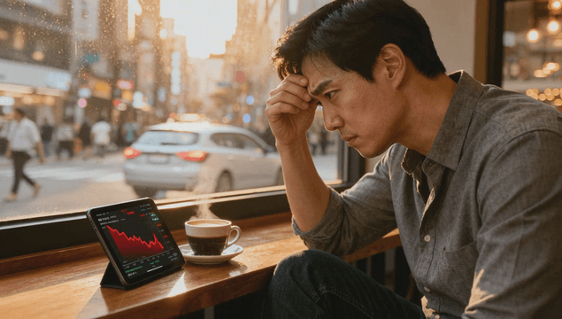 Man watching falling stock chart in café
