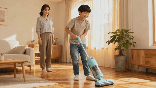Young son helping his mother vacuum the living room
