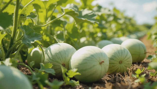 Watermelons growing in a sunny field