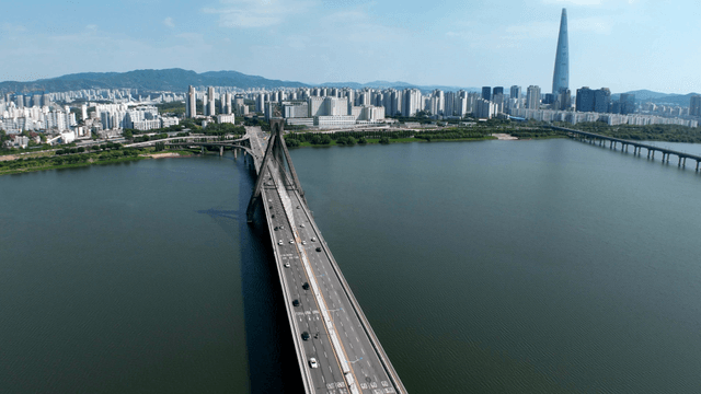 City skyline and bridge over the river