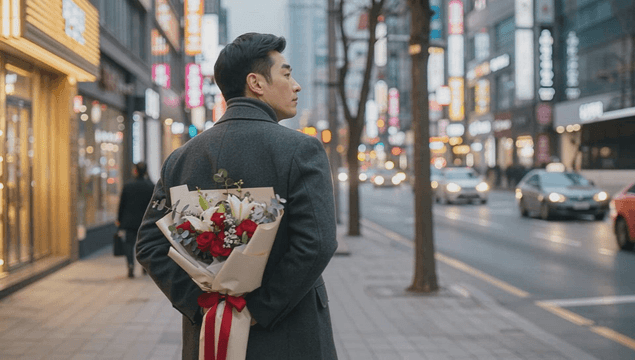 Man waiting on cold street holding flowers