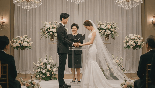 A wedding ceremony with a happy couple