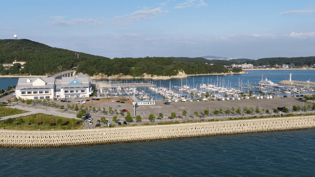 요트와 주변 언덕이 있는 마리나