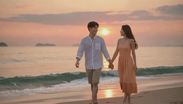Couple walking on the beach at sunset